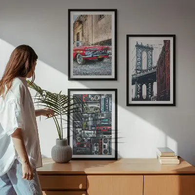 Set of 3 framed wall art pieces featuring a vintage car on the Brooklyn Bridge