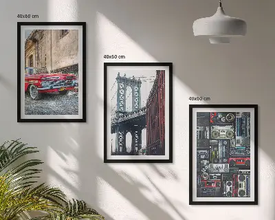 Set of 3 framed wall art pieces featuring a vintage car on the Brooklyn Bridge