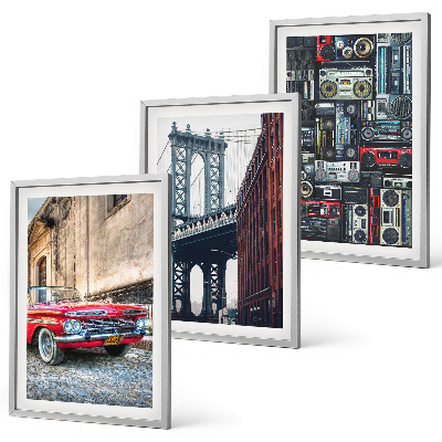 Set of 3 framed wall art pieces Old car bridge Brooklyn retro audio