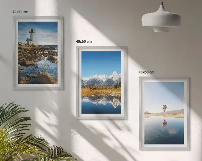 Nature-themed wall art set featuring views of a lighthouse, mountains, and a hot air balloon