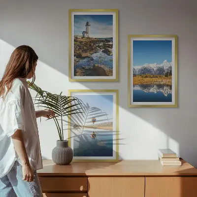 Nature-themed wall art set featuring views of a lighthouse, mountains, and a hot air balloon