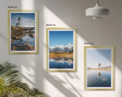 Nature-themed wall art set featuring views of a lighthouse, mountains, and a hot air balloon