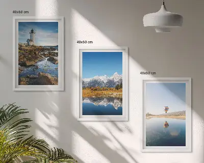 Nature-themed wall art set featuring views of a lighthouse, mountains, and a hot air balloon