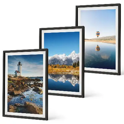 Nature-themed wall art set featuring views of a lighthouse, mountains, and a hot air balloon