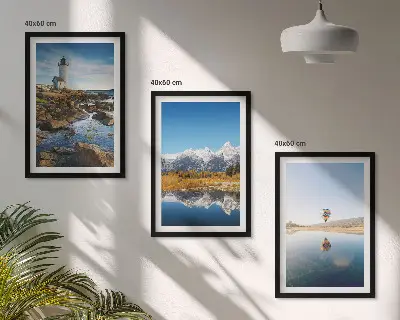 Nature-themed wall art set featuring views of a lighthouse, mountains, and a hot air balloon
