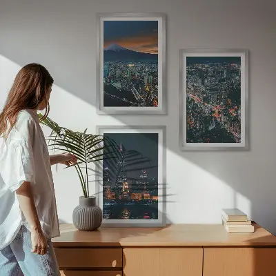 Set of 3 framed wall art pieces Mountain view of the city at night