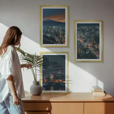 Set of 3 framed wall art pieces Mountain view of the city at night