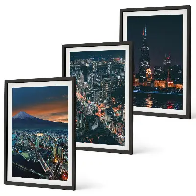 Set of 3 framed wall art pieces Mountain view of the city at night