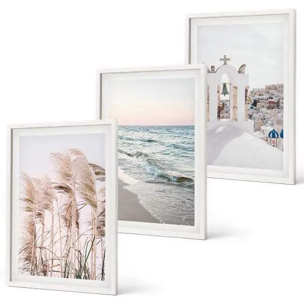 Three-piece wall art set featuring plants, sea waves, and coastal houses