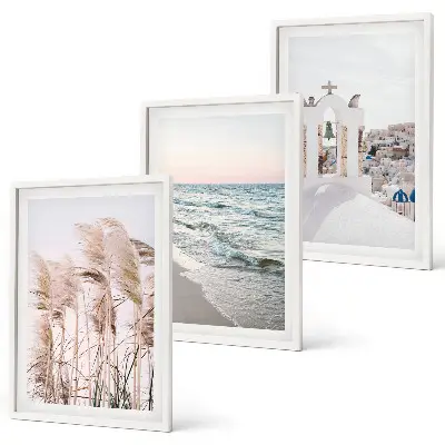 Three-piece wall art set featuring plants, sea waves, and coastal houses