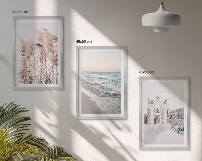 Three-piece wall art piece Plants, sea waves, view, houses