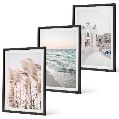 Three-piece wall art set featuring plants, sea waves, and coastal houses