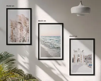 Three-piece wall art set featuring plants, sea waves, and coastal houses