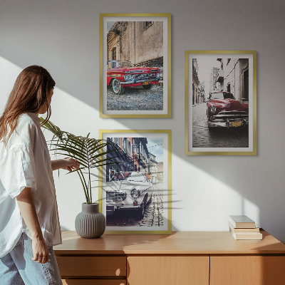 Set of 3 framed wall art pieces Classic cars in cities