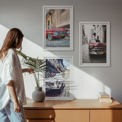 Set of 3 framed wall art pieces Classic cars in cities