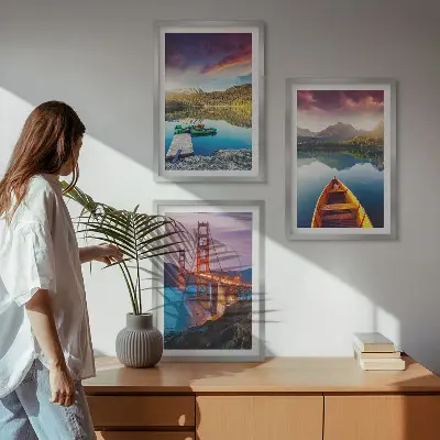 Set of 3 framed wall art pieces featuring mountain views of the lake and bridges