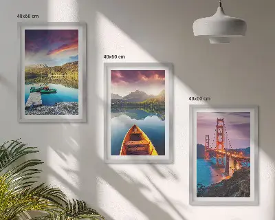 Set of 3 framed wall art pieces featuring mountain views of the lake and bridges
