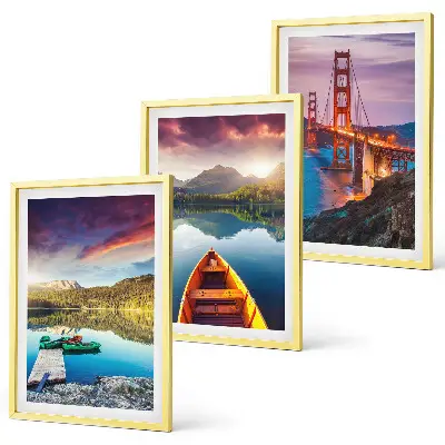 Set of 3 framed wall art pieces featuring mountain views of the lake and bridges