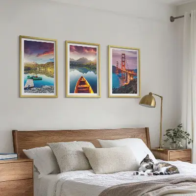 Set of 3 framed wall art pieces featuring mountain views of the lake and bridges