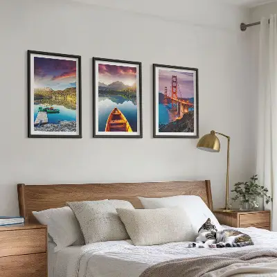 Set of 3 framed wall art pieces featuring mountain views of the lake and bridges