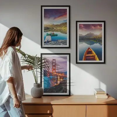 Set of 3 framed wall art pieces featuring mountain views of the lake and bridges