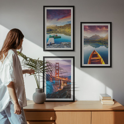 Set of 3 framed wall art pieces Mountain views of the lake and bridges