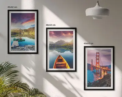 Set of 3 framed wall art pieces featuring mountain views of the lake and bridges