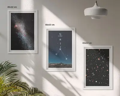 Set of 3 framed wall art pieces featuring a space galaxy constellation for Cancer