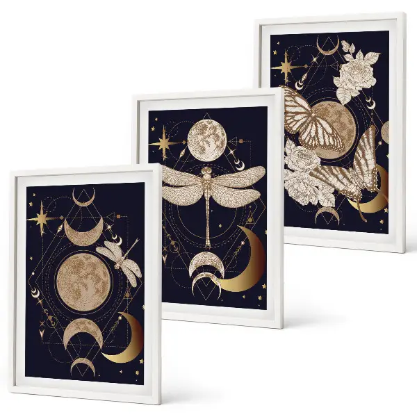 Three-piece wall art set featuring nature motifs and moon flowers