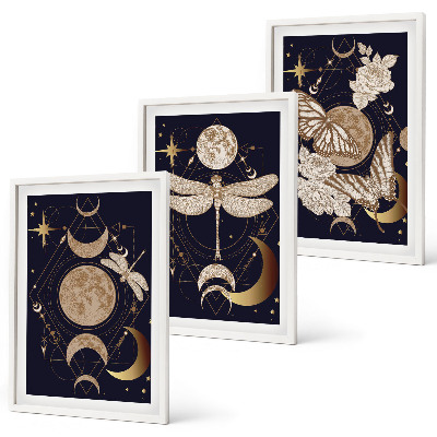 Three-piece wall art piece Nature motifs moon flowers