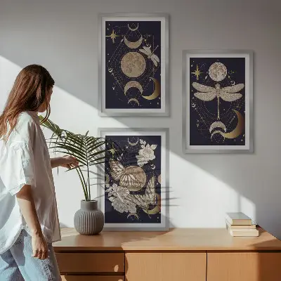 Three-piece wall art set featuring nature motifs and moon flowers