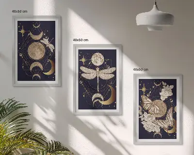 Three-piece wall art set featuring nature motifs and moon flowers
