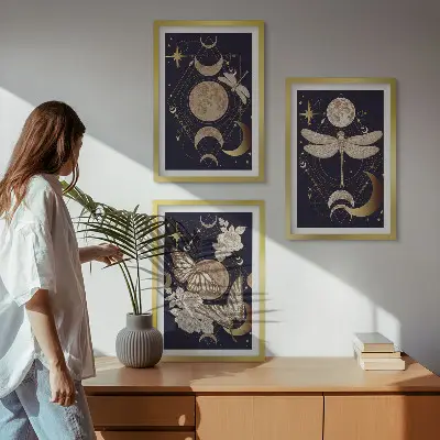 Three-piece wall art set featuring nature motifs and moon flowers