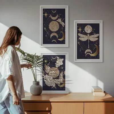 Three-piece wall art set featuring nature motifs and moon flowers