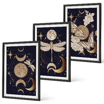 Three-piece wall art set featuring nature motifs and moon flowers