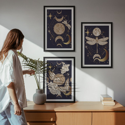 Three-piece wall art piece Nature motifs moon flowers