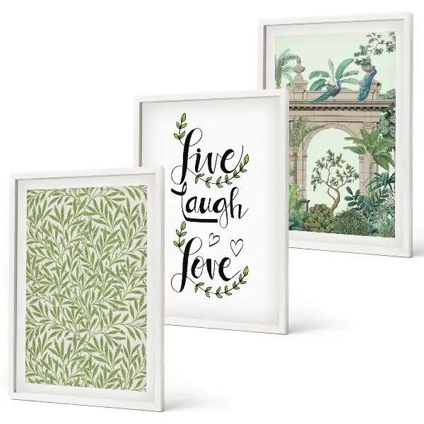 Set of 3 framed wall art pieces featuring green botanical leaf architecture