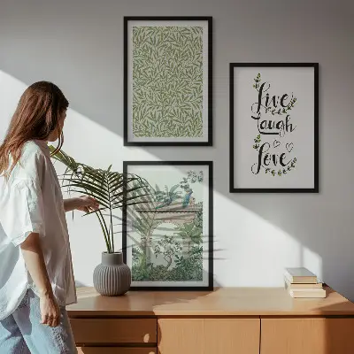 Set of 3 framed wall art pieces featuring green botanical leaf architecture