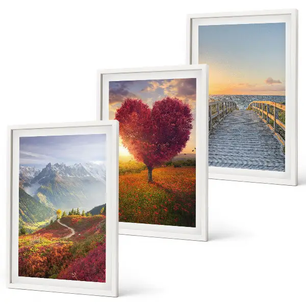 Wall art set featuring landscape mountain tree heart and pier scenes