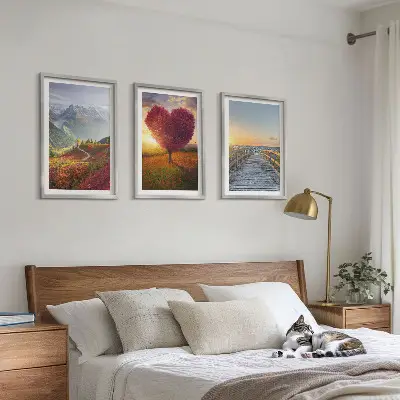 Wall art set featuring landscape mountain tree heart and pier scenes