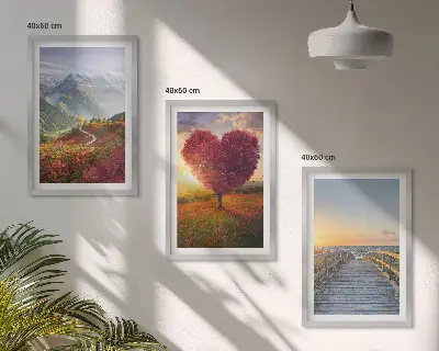 Wall art set featuring landscape mountain tree heart and pier scenes