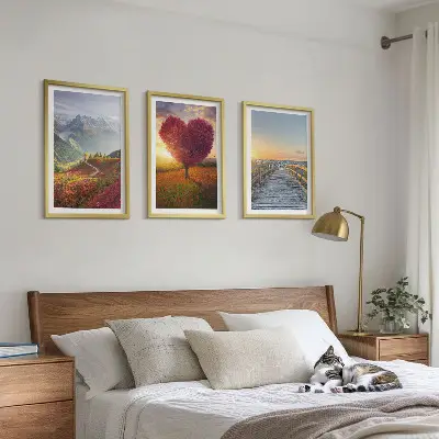 Wall art set featuring landscape mountain tree heart and pier scenes