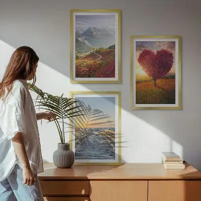 Wall art set featuring landscape mountain tree heart and pier scenes