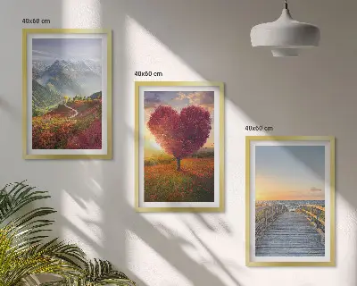 Wall art set featuring landscape mountain tree heart and pier scenes