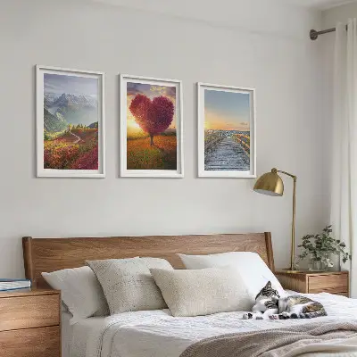 Wall art set featuring landscape mountain tree heart and pier scenes