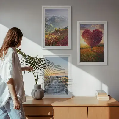 Wall art set featuring landscape mountain tree heart and pier scenes