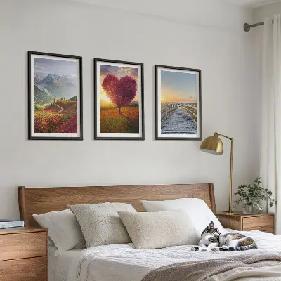 Wall art set featuring landscape mountain tree heart and pier scenes