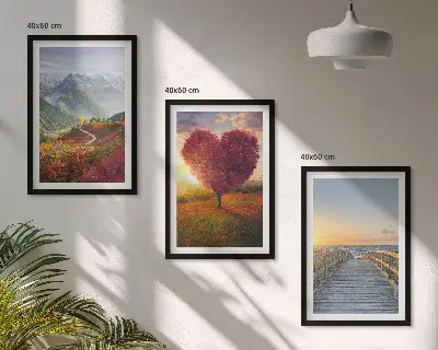 Wall art set featuring landscape mountain tree heart and pier scenes