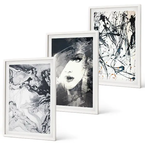 Three-piece abstract wall art set with black and white patterns