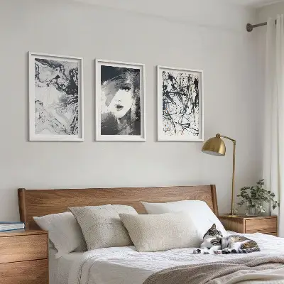 Three-piece abstract wall art set with black and white patterns